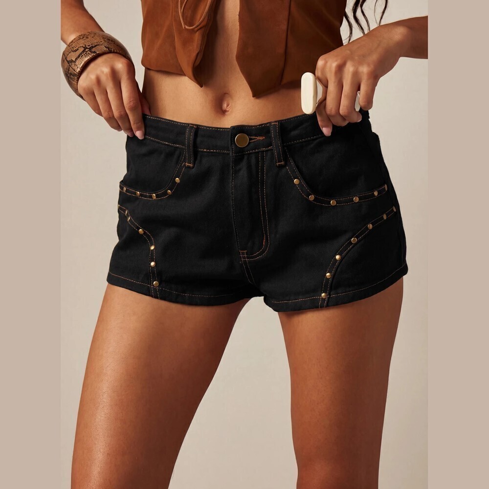 Black Denim Studded Contrast Stitch Low Rise Mini Shorts